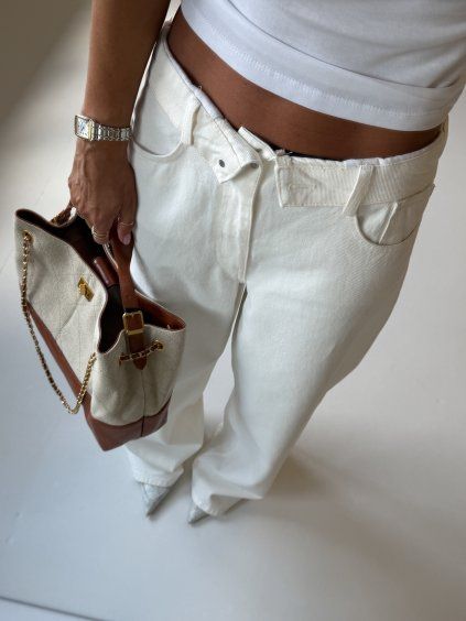 WIDE LEG DŽÍNY S OHRNUTÝM PASEM white