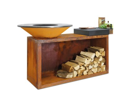 OFYR Island Corten 85 Ceramic Dark Grey s úložným prostorem na dřevo a pracovní deskou.