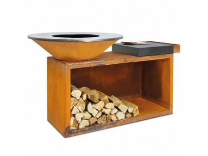 OFYR Island Corten 100 Ceramic Grey s keramickou pracovní deskou a úložným prostorem na dřevo.