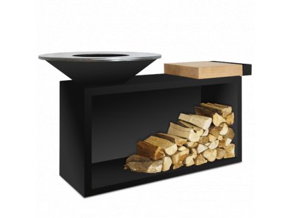 OFYR Island Black 85 Teak Wood s úložným prostorem na dřevo a teakovou pracovní deskou.
