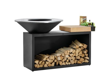 OFYR Island Black 100 Teak Wood s teakovou pracovní deskou a úložným prostorem na dřevo.