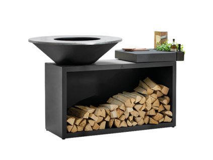 OFYR Island Corten 100 Teak Wood s teakovou pracovní deskou a integrovaným úložným prostorem na dřevo.