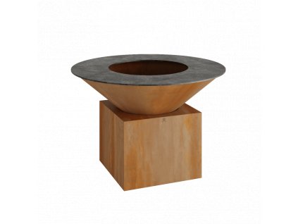 Ofyr XL venkovní ohniště z kortenové oceli s masivní plotnou o průměru 150 cm na pevném podstavci.