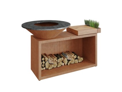 OFYR Island Corten 100 Teak Wood s teakovou pracovní deskou a integrovaným úložným prostorem na dřevo.