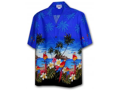 Modrá havajská košile s motivem palem a papoušků