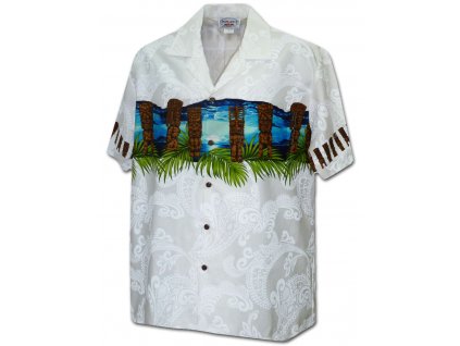 Bílá havajská košile s motivem soch a moře