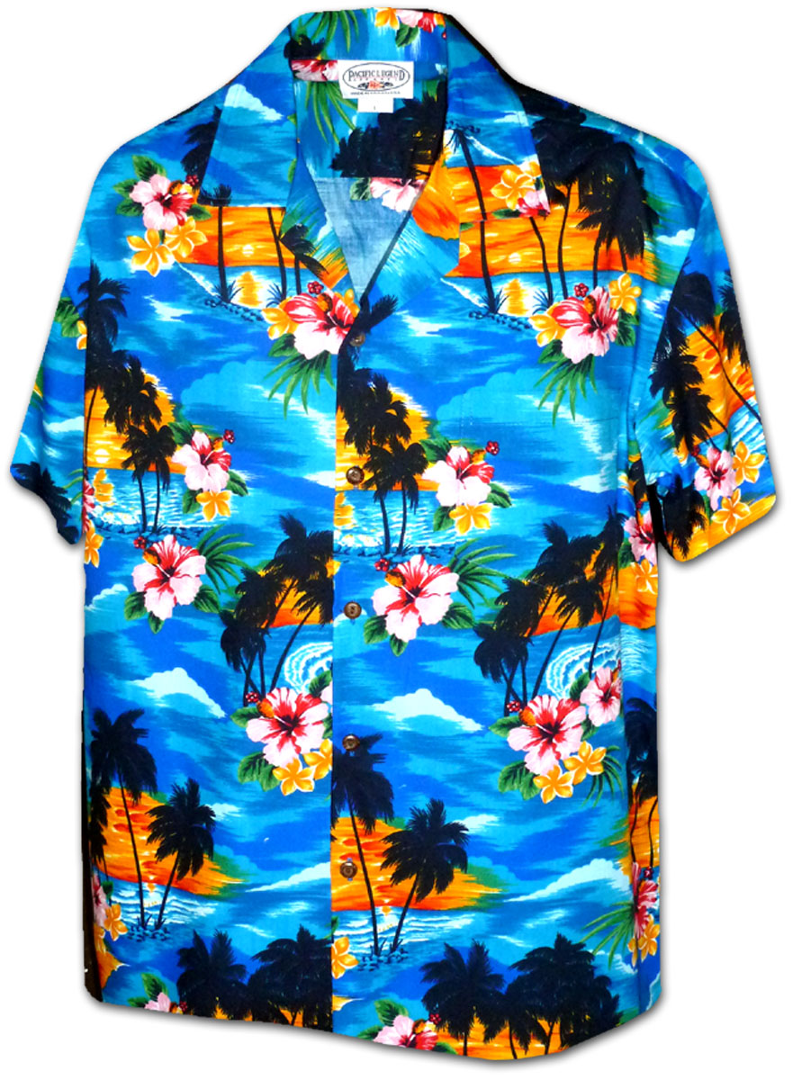 Pacific Legend Modrá havajská košile s motivem ibišku a palem Velikost: L