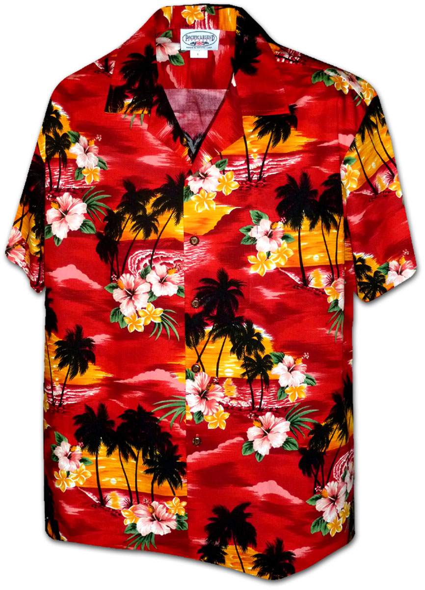 Pacific Legend Červená havajská košile s motivem ibišku a palem Velikost: XXL