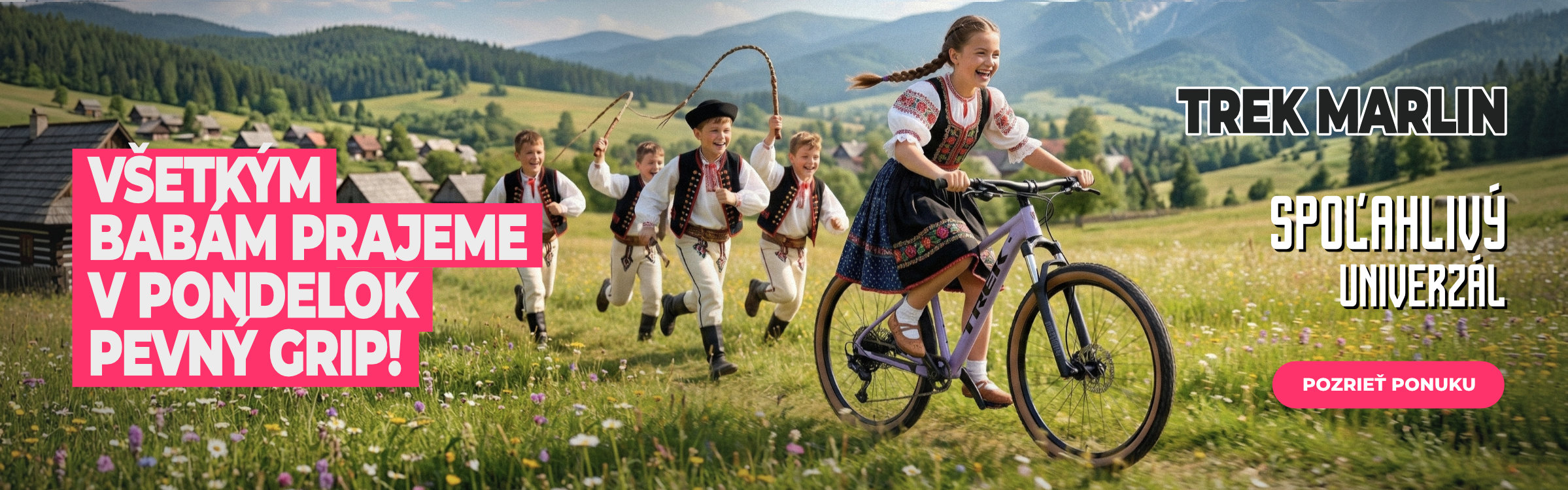 Veľkonočná náháňačka kde malú bajkerku na bicykli Trek Marlin naháňajú šibači.
