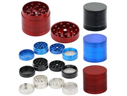 Čtyřdílná kovová drtička se sítem, 56mm, různé barvy