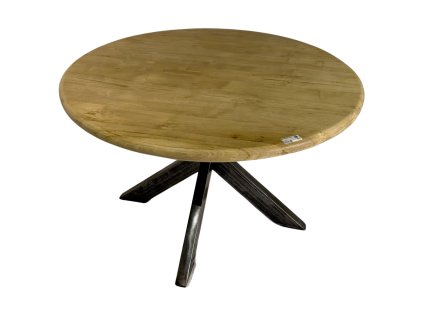 Kulatý stůl se světlou teakovou deskou a kovovou nohou. Elegantní středobod pro moderní i přírodní interiér.