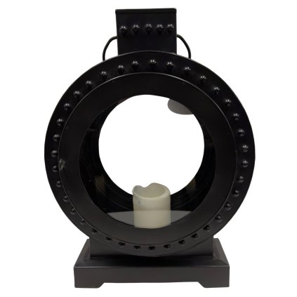 Kulatá kovová lucerna s průhlednými skleněnými dvířky, ideální pro vytvoření útulné atmosféry.