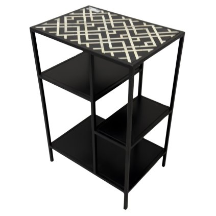 Malý černý kovový odkládací stolek s poličkami a vrchní deskou zdobenou bílými vzory.