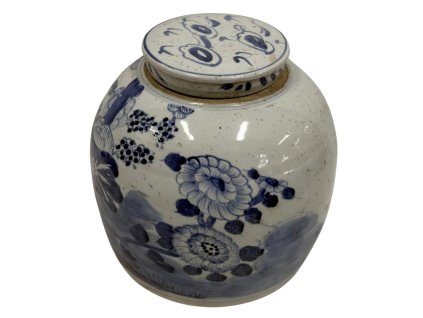 Čínská porcelánová uzavíratelná nádoba s floristickými modrými malbami, která přináší do vašeho prostoru kousek tradičního umění.