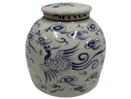 Čínská porcelánová uzavíratelná nádoba s tradičními modrými malbami, která v sobě nese kouzlo historického umění.