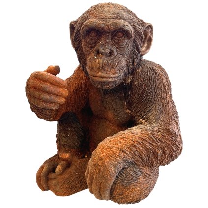 Kovová socha šimpanze s výraznou texturou a jedinečnou patinou, která jí dodává autentický charakter.