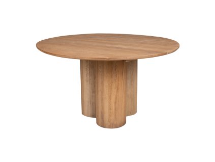 Kulatý jídelní stůl z masivního dřeva s výraznou a elegantně tvarovanou středovou nohou.