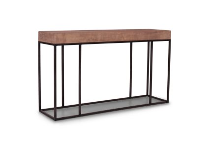 Konzole s masivní dřevěnou deskou a kovovým podstavcem. Výrazný kontrast materiálů v minimalistickém provedení.