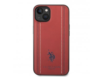 U.S. Polo PU Leather Stitched Lines Zadný Kryt pre iPhone 14 Red