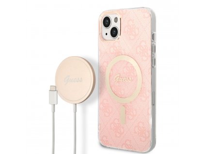 Guess 4G MagSafe Kompatibilní Zadný Kryt + Bezdrôtová Nabíjačka pro iPhone 14 Plus Pink