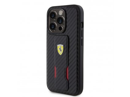 Ferrari Carbon Grip Stand Zadný Kryt pre iPhone 15 Pro Max Black