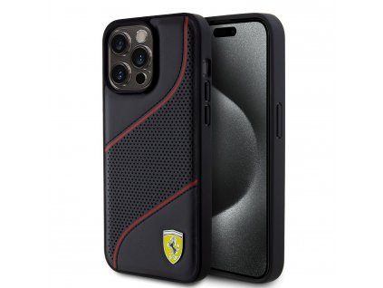 Ferrari PU Leather Perforated Slanted Line Zadný Kryt pre iPhone 15 Pro Max Black