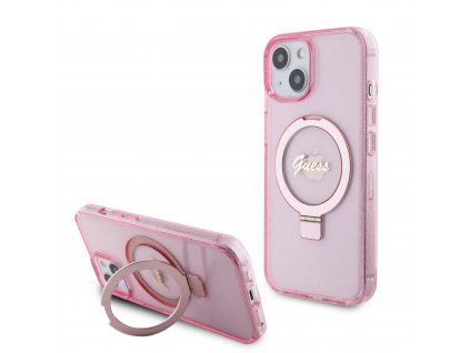 Guess IML Ring Stand Glitter MagSafe Zadný Kryt pre iPhone 15 Pink