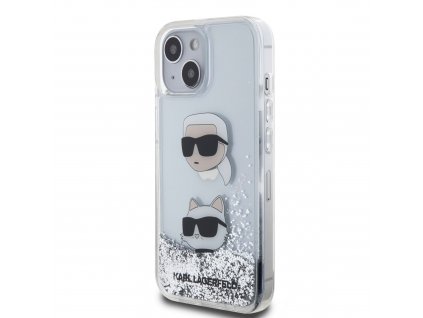 Karl Lagerfeld Liquid Glitter Karl and Choupette Head Zadný Kryt pre iPhone 15 Silver