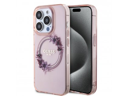 Guess PC/TPU Flowers Ring Glossy Logo MagSafe Zadný Kryt pre iPhone 15 Pro Pink