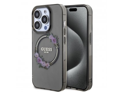 Guess PC/TPU Flowers Ring Glossy Logo MagSafe Zadný Kryt pre iPhone 15 Pro Black