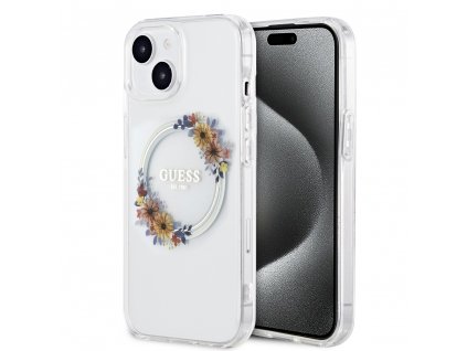 Guess PC/TPU Flowers Ring Glossy Logo MagSafe Zadný Kryt pre iPhone 15 Plus Transparent