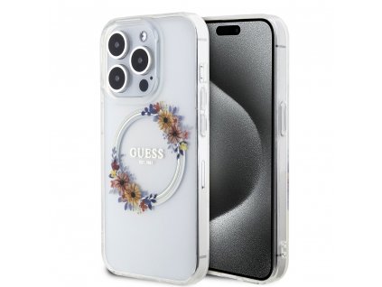 Guess PC/TPU Flowers Ring Glossy Logo MagSafe Zadný Kryt pre iPhone 13 Pro Transparent