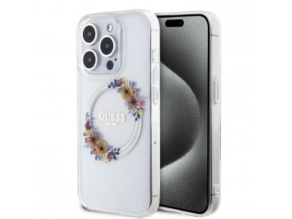 Guess PC/TPU Flowers Ring Glossy Logo MagSafe Zadný Kryt pre iPhone 13 Pro Max Transparent