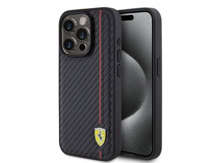 Ferrari PU Leather Carbon Vertical Red Line Zadný Kryt pre iPhone 15 Pro Black