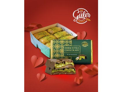 Valentýnský balíček Baklava pistácie (6ks) + Dubajská čokoláda mléčná 190g