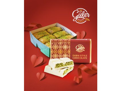 Valentýnský balíček Baklava pistácie (6ks) + Dubajská čokoláda bílá 190g