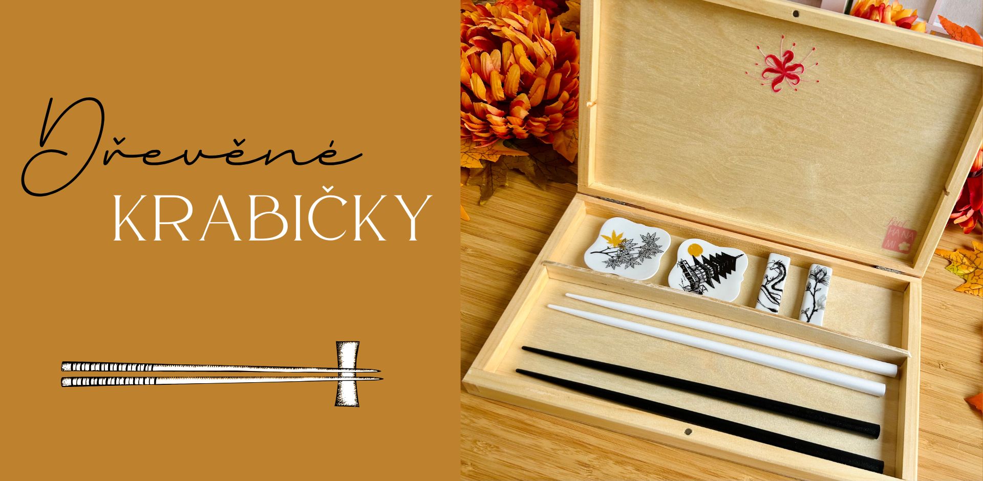 Dřevěné krabičky na jídelní hůlky a odkladače na hůlky (hashioki)