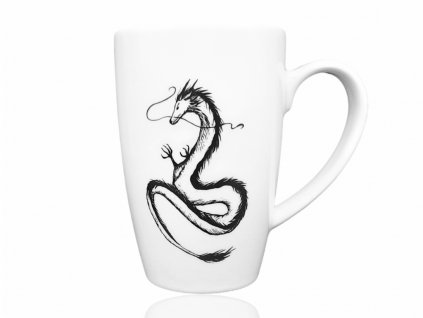 Vysoký bílý porcelánový hrnek s perokresbou draka