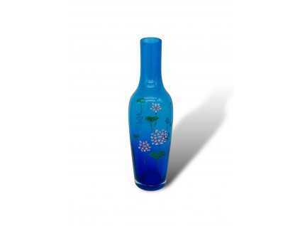 modrá skleněná váza s lotosy