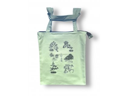 zelená nákupní taška s bonsajemi