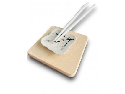 porcelánový odkladač na hůlky se sakurou + bílé jídelní hůlky