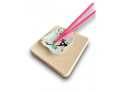 porcelánový odkladač na hůlky s ptáčkem na sakuře + růžové jídelní hůlky