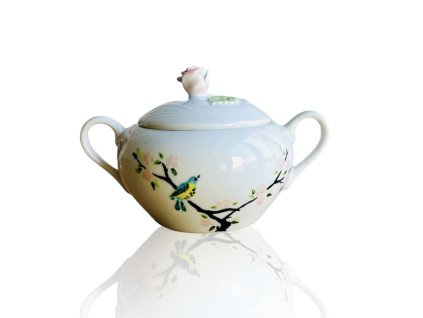 porcelánová cukřenka s víčkem s ptáčkem na sakuře