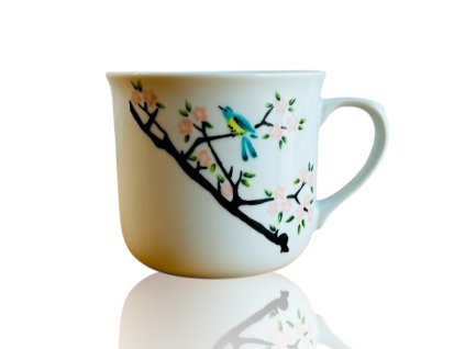 velký porcelánový hrnek s ptáčkem na sakuře