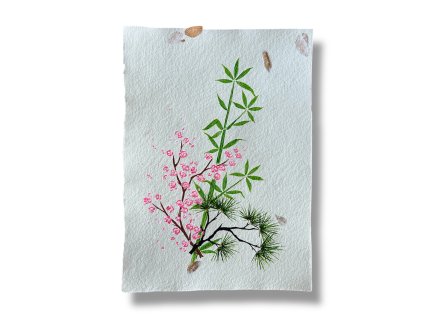 originální malba na ručním papíru Tři přátelé zimy
