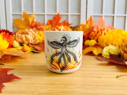 svíčka v porcelánovém pohárku s fénixem