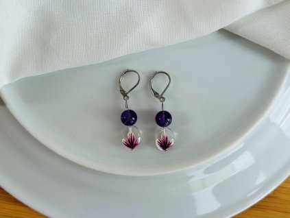 skleněné náušnice s ametystem a magnolií