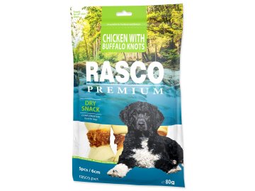 Pochoutka Rasco Premium buvolí kůže obalená kuřecím, uzly 6cm 80g