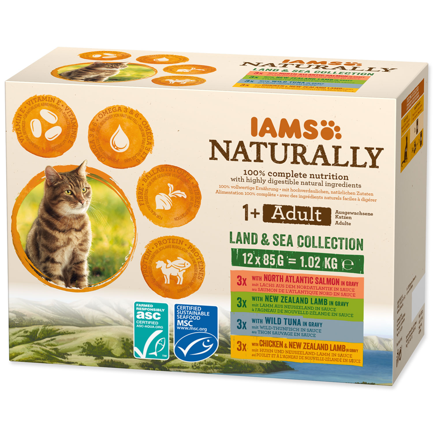 Levně Kapsička IAMS Cat Naturally výběr z mořských a suchozemských mas v omáčce multipack 1020g