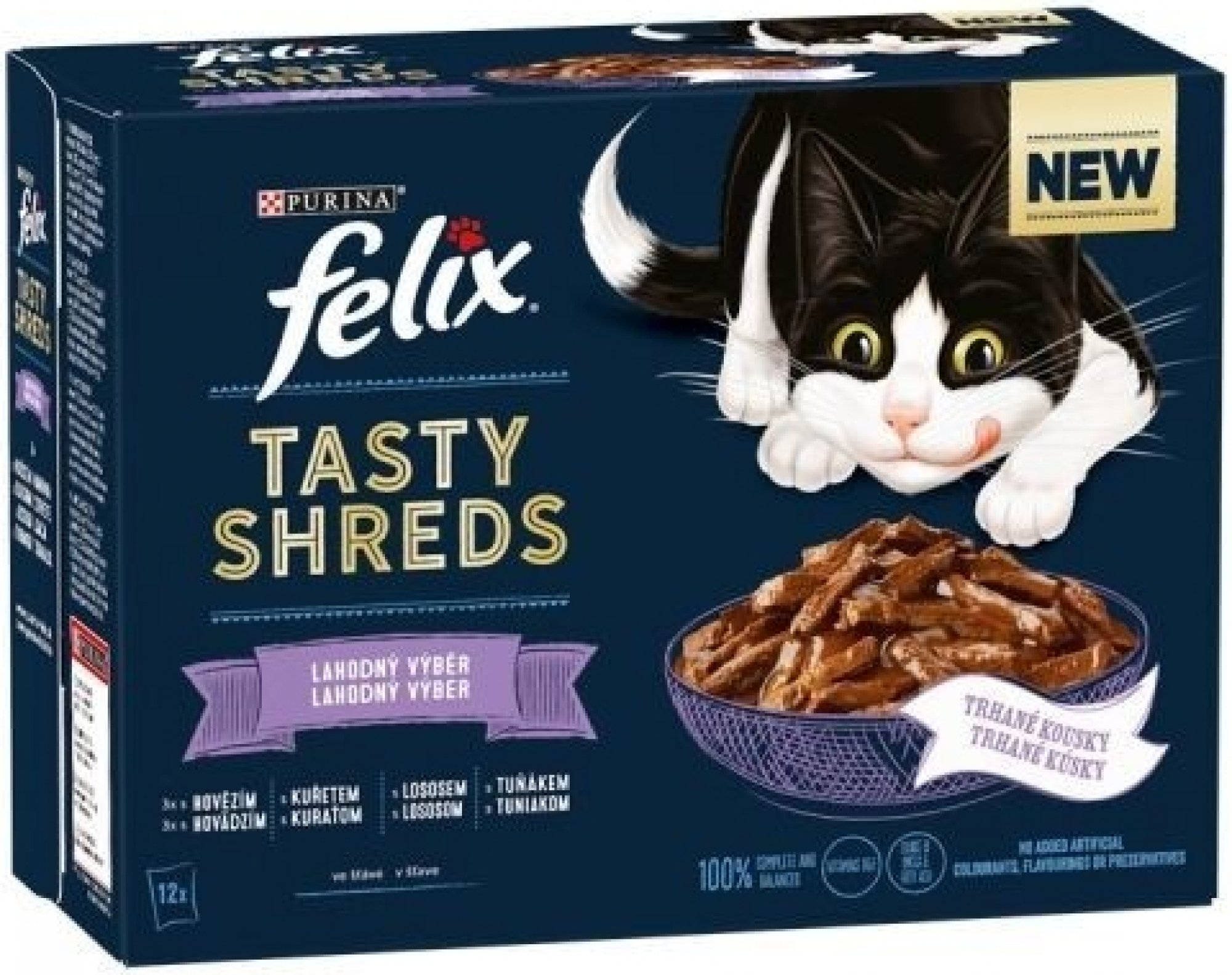 Levně Felix TASTY SHREDS hovězí, kuře, losos, tuňák 12x80g